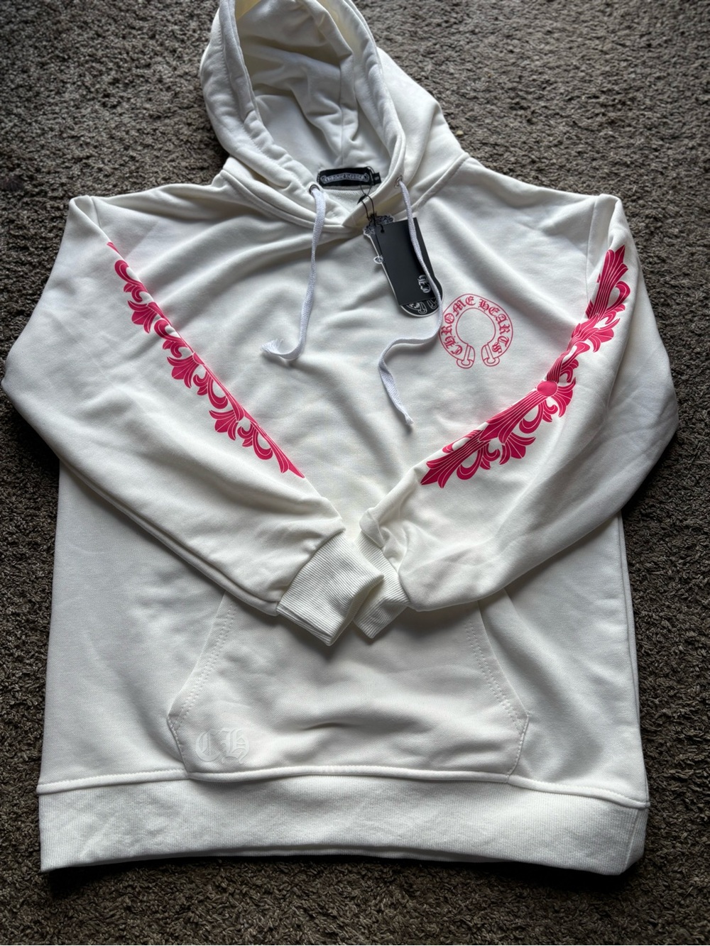 White Hoodie with Pink Sleeve Graphics -Chrome - Picture 5 of 8